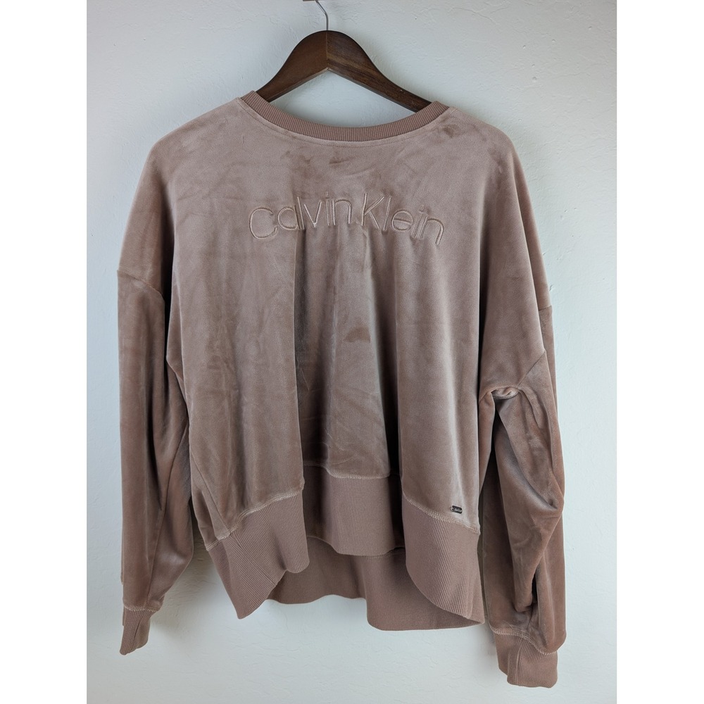Calvin Klein Womens XL Taupe Velour Logo Sweatshirt Oversized High Low Hem